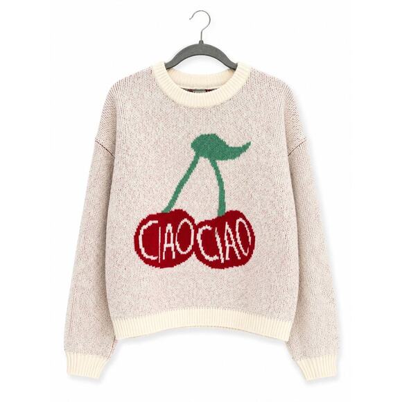 A New Day Tops - A New Day Cherry Graphic Sweater Women’s Medium Cream Knit Pullover Cozy Cute